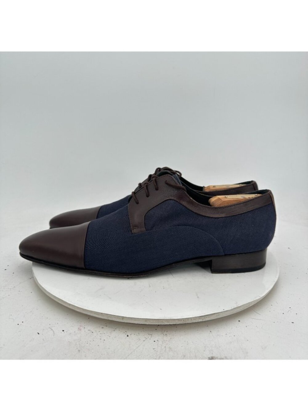 Heyraud Men Size EU 44 US 10 Blue Denim Brown Leather Cap Toe Derby Dress Shoes - Picture 2 of 11